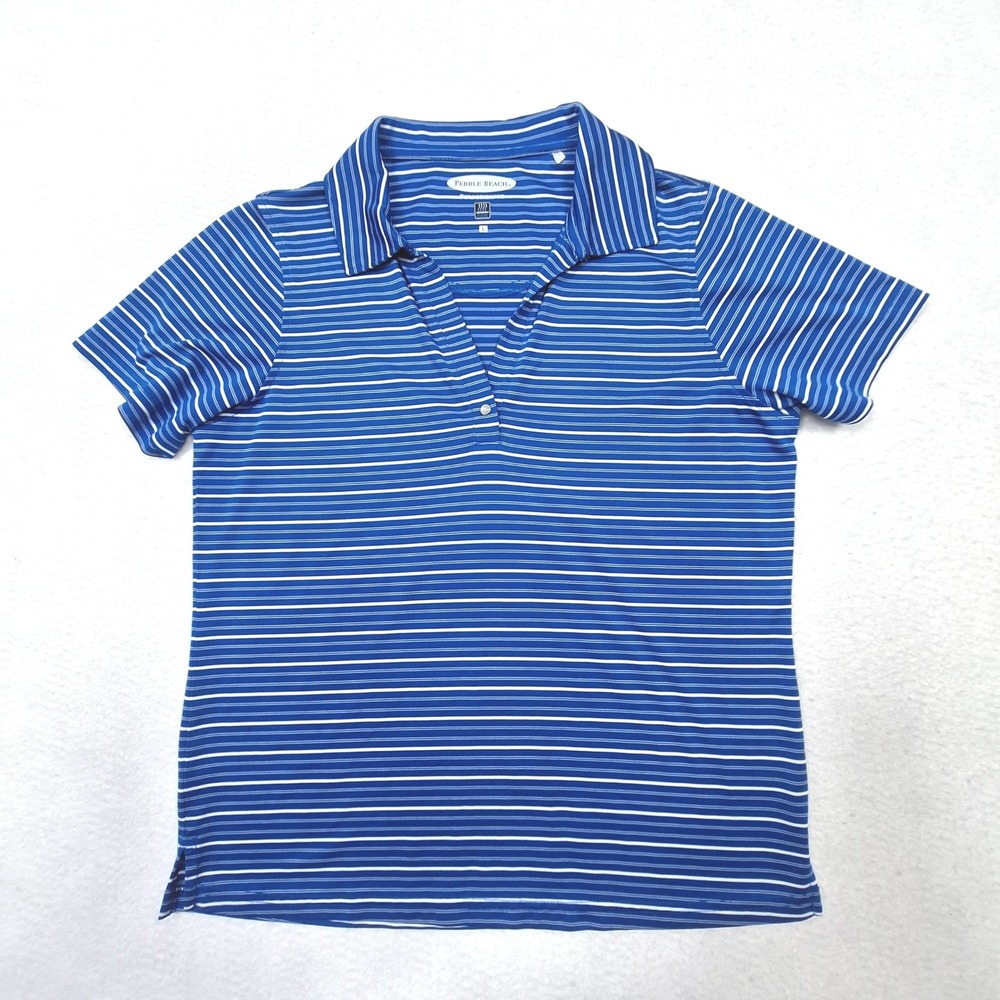 Pebble Beach‎ Polo Shirt Womens Large Blue Striped Performance Golf Active Top